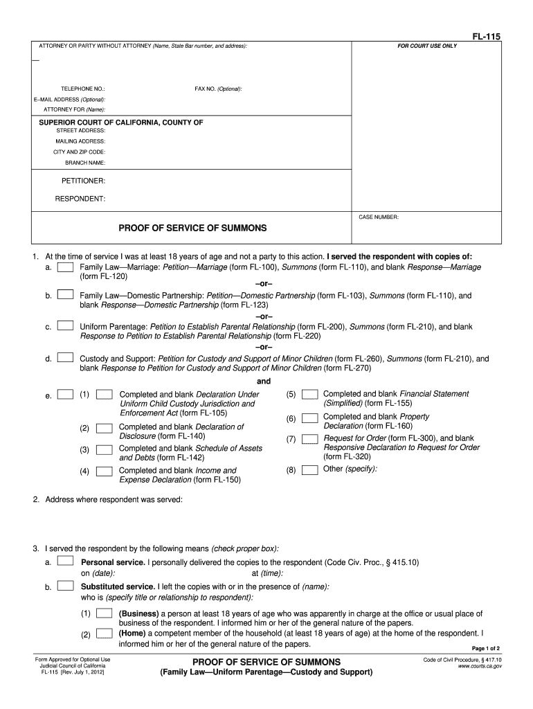  Fl 115 Proof of Service of Summons Form 2015