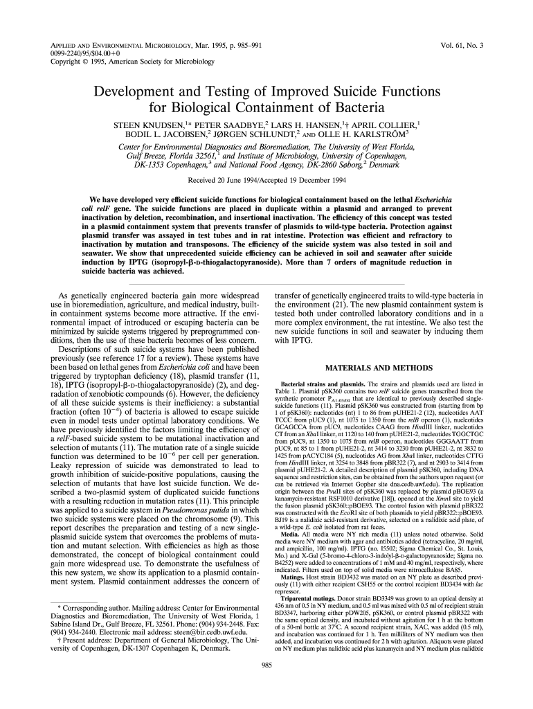 Development and Testing of Improved Suicide Functions for Biological Containment of Bacteria Ncbi Nlm Nih  Form