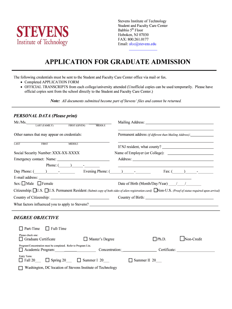 Application for Admissions Stevens Institute of Technology Stevens  Form
