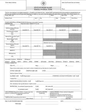 State of Ri School Physical Form