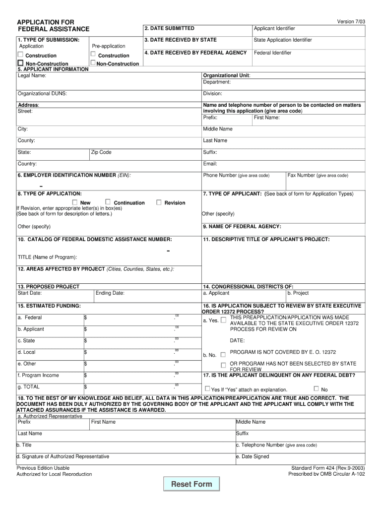  Application for Federal Assistance Sf 424 Omb a 102 Form 2019