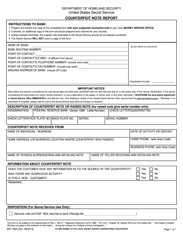  Counterfeit Note Report Form Ssf 1604 2015-2024