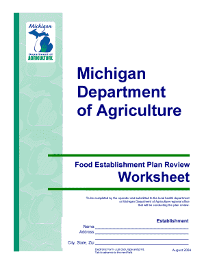 Michigan Department of Agriculture Food Establishment Plan Review Worksheet Form