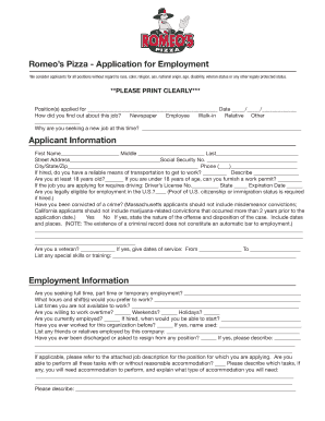Romeo&#039;s Pizza Application  Form
