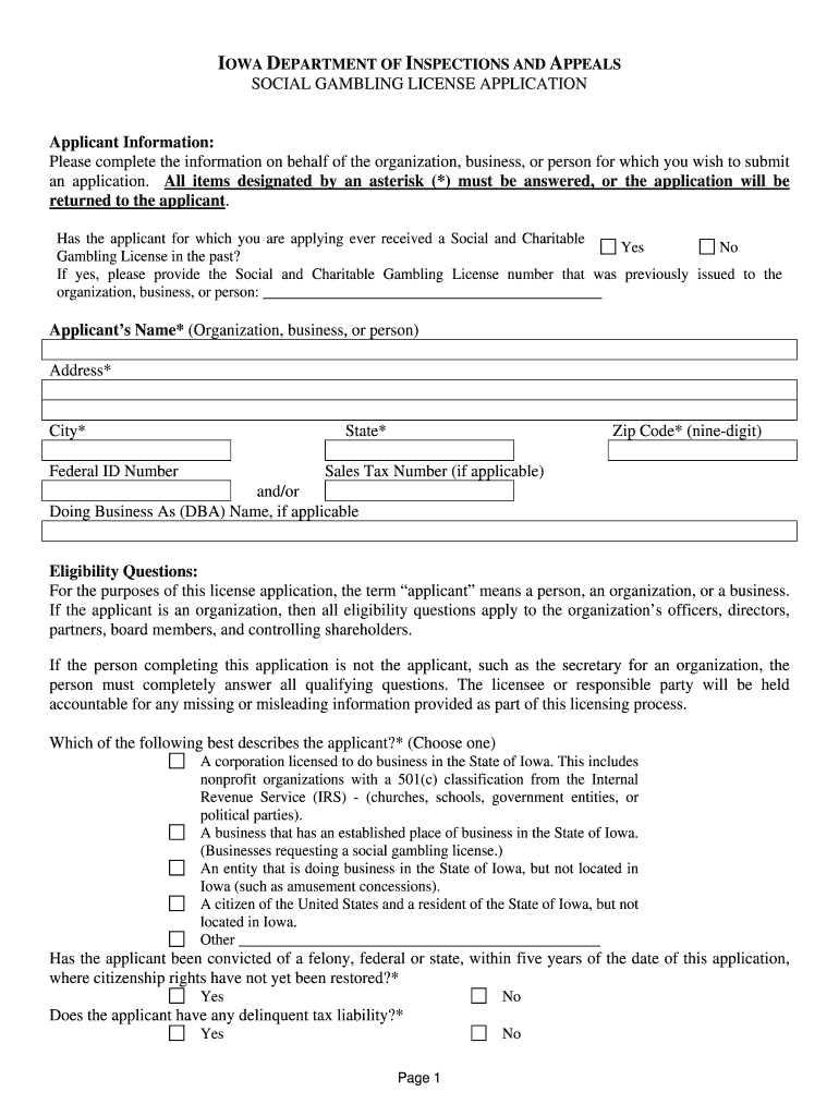 Iowa Gambling License  Form