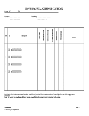 Provisional Acceptance Certificate Template  Form