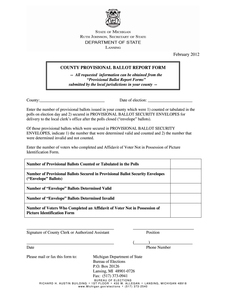  Michigan Voter Provisional Ballot Report Form 2012-2024