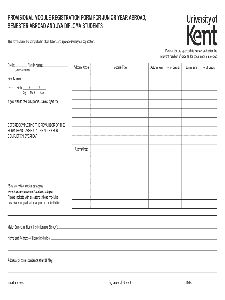 PROVISIONAL MODULE REGISTRATION FORM University of Kent Kent Ac