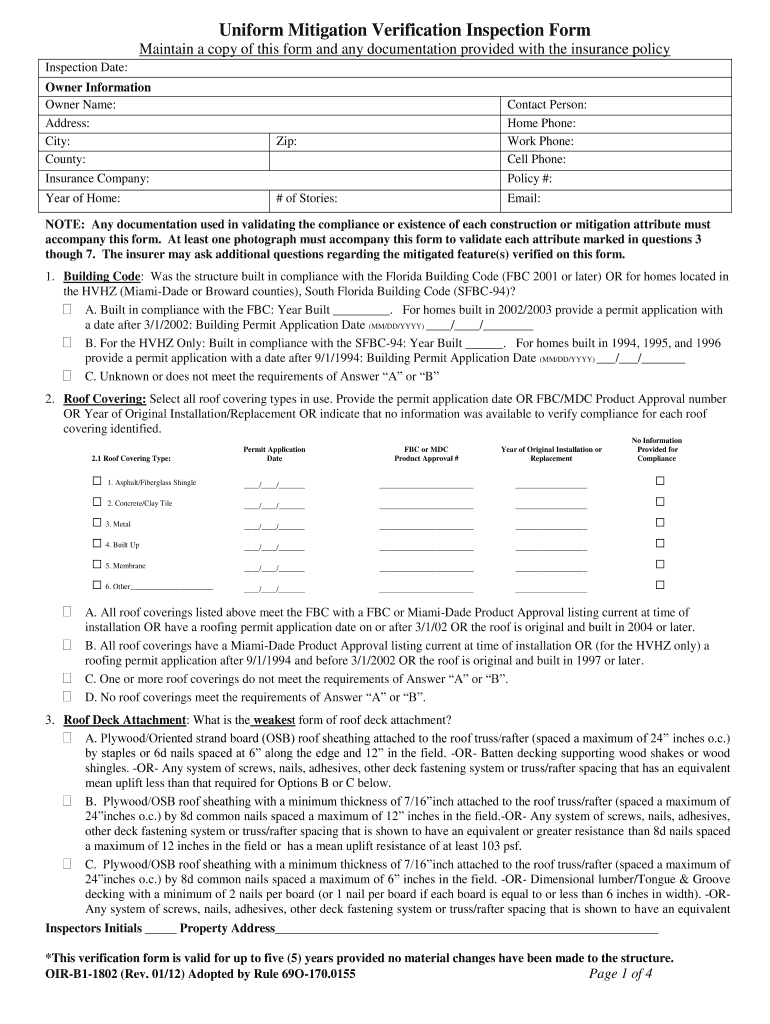  Wind Mitigation Form 2012-2024