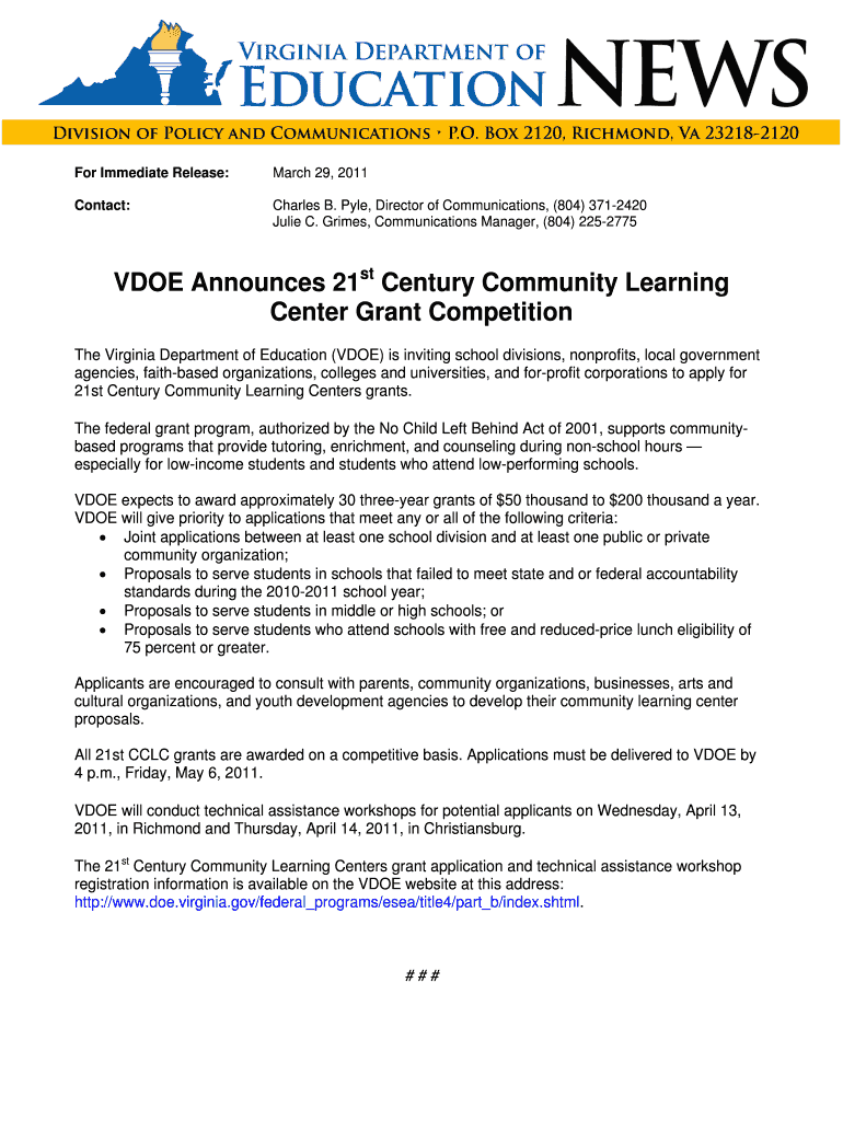 Century Community Learning Center Grant Competition Doe Virginia  Form