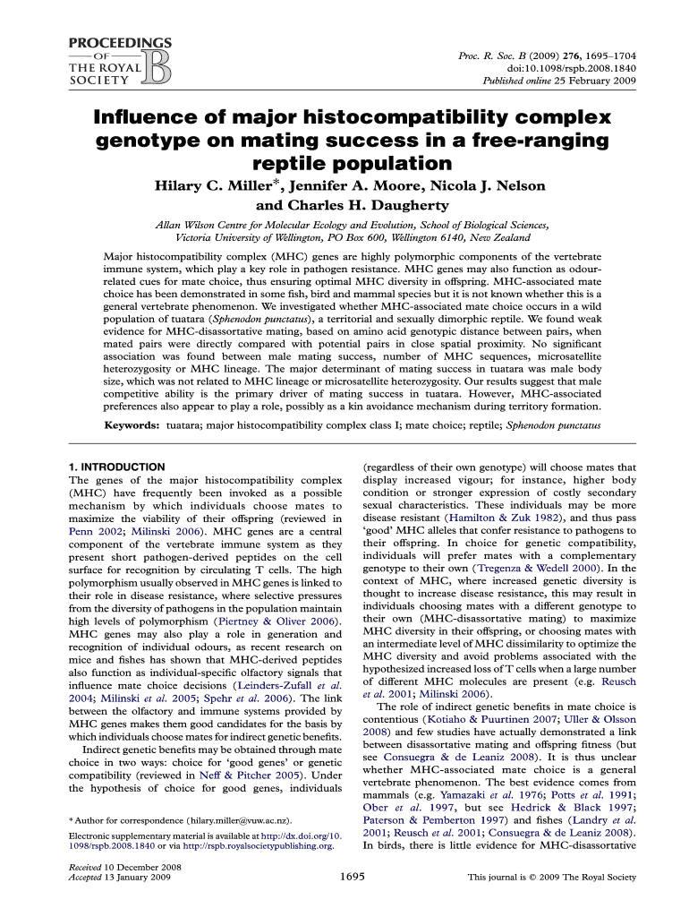 Influence of Major Histocompatibility Complex Genotype on Mating Success in a Ranging Reptile Population Ncbi Nlm Nih  Form