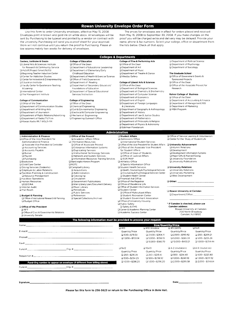 Rowan University Envelope Order Form Rowan