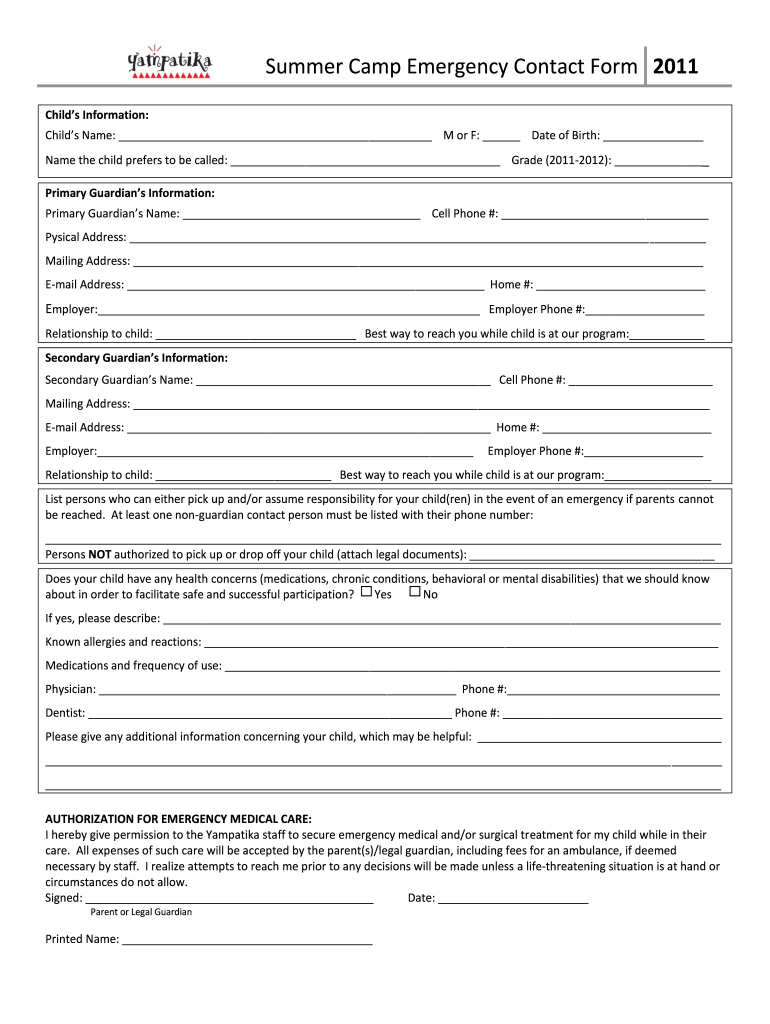  Camp Emergency Form 2011-2024