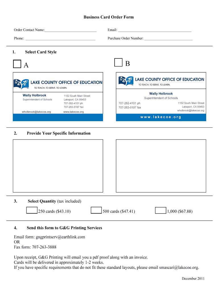 Business Card Order Form Lakecoe