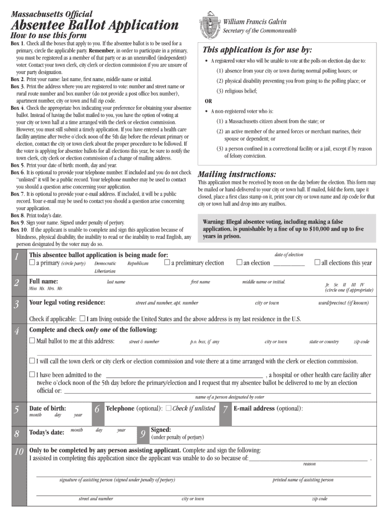 Ma Absentee Ballot PDF Fillable Form