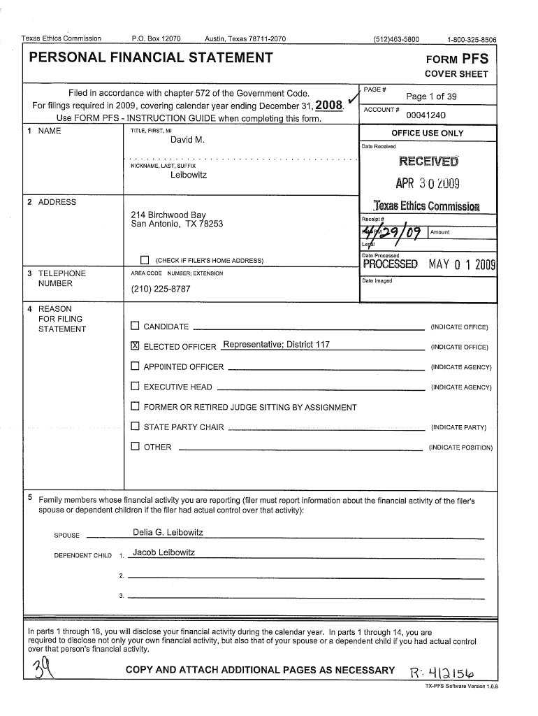 PERSONAL FINANCIAL STATEMENT FORM PFS  Texas Watchdog  Texaswatchdog