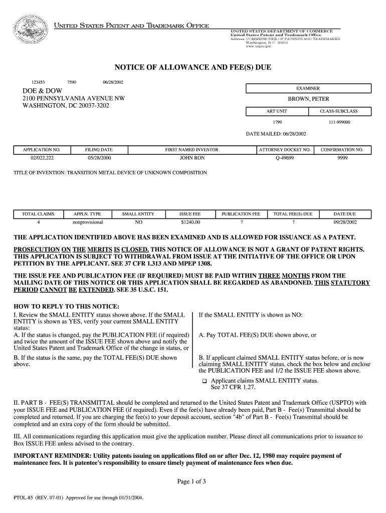 NOTICE of ALLOWANCE and FEES DUE  Uspto  Form