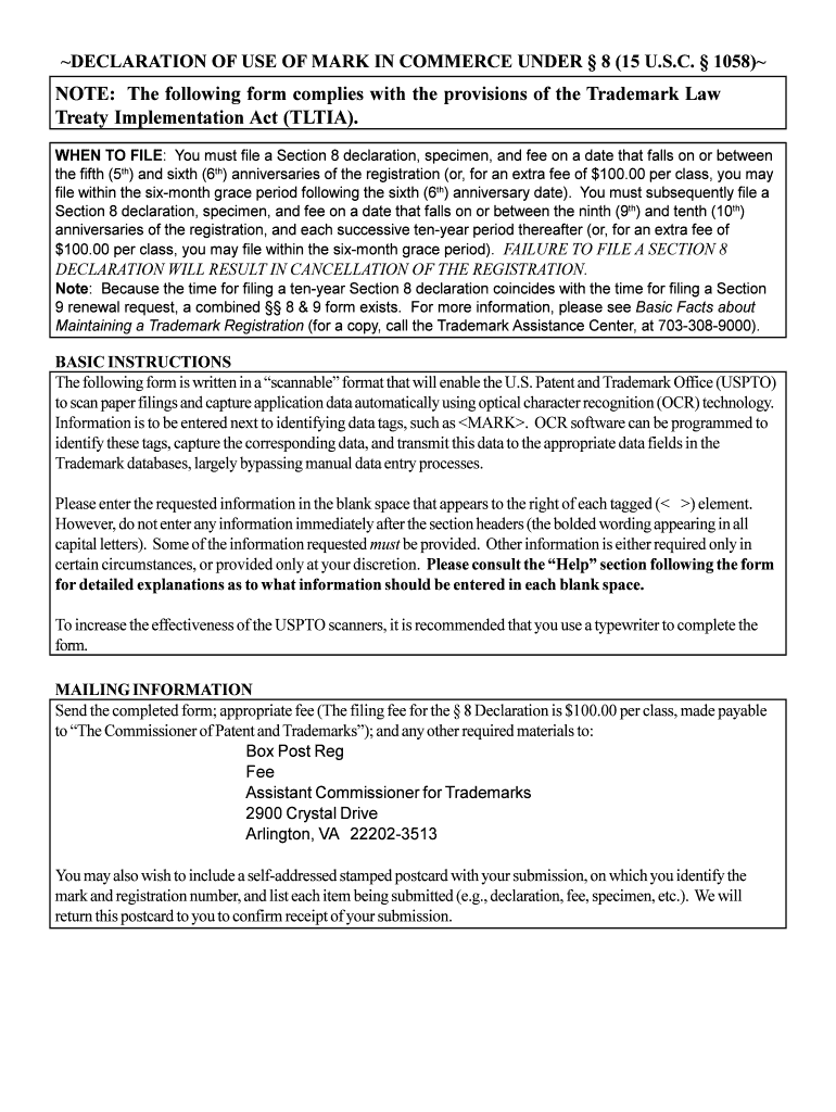 Declaration of Use of Mark in Commerce 1583 Fillable Form
