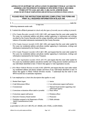 Affidavit in Support of Application to Restrict Public Access for Use by Public Employees or Officials Affidavit in Support of a  Form