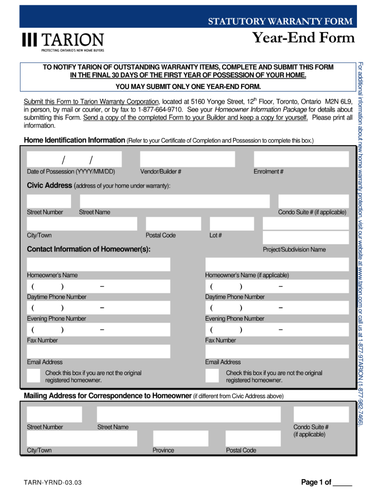  Tarion Year End Form 2003-2024