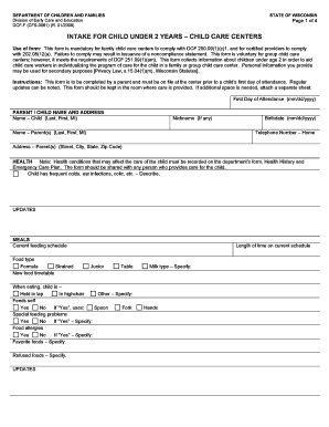 Intake for Child under 2 Years Form