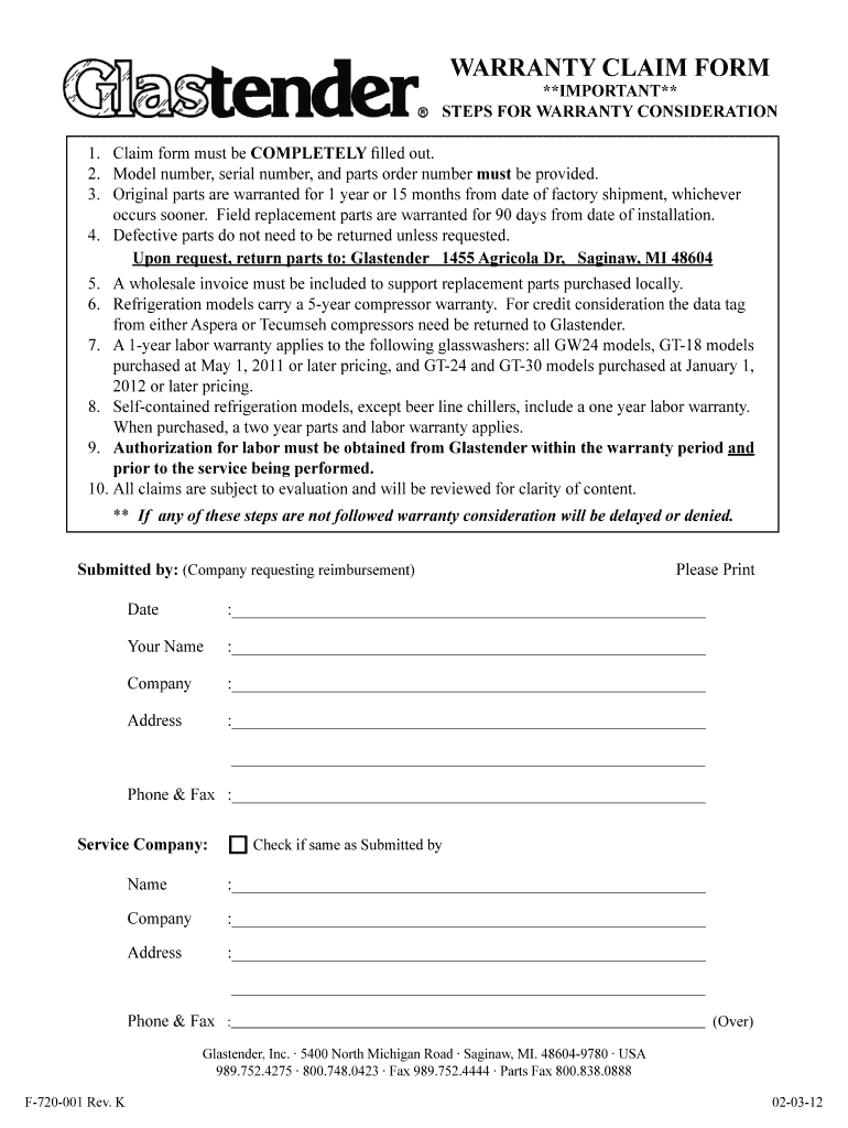 Glastender Warranty Form