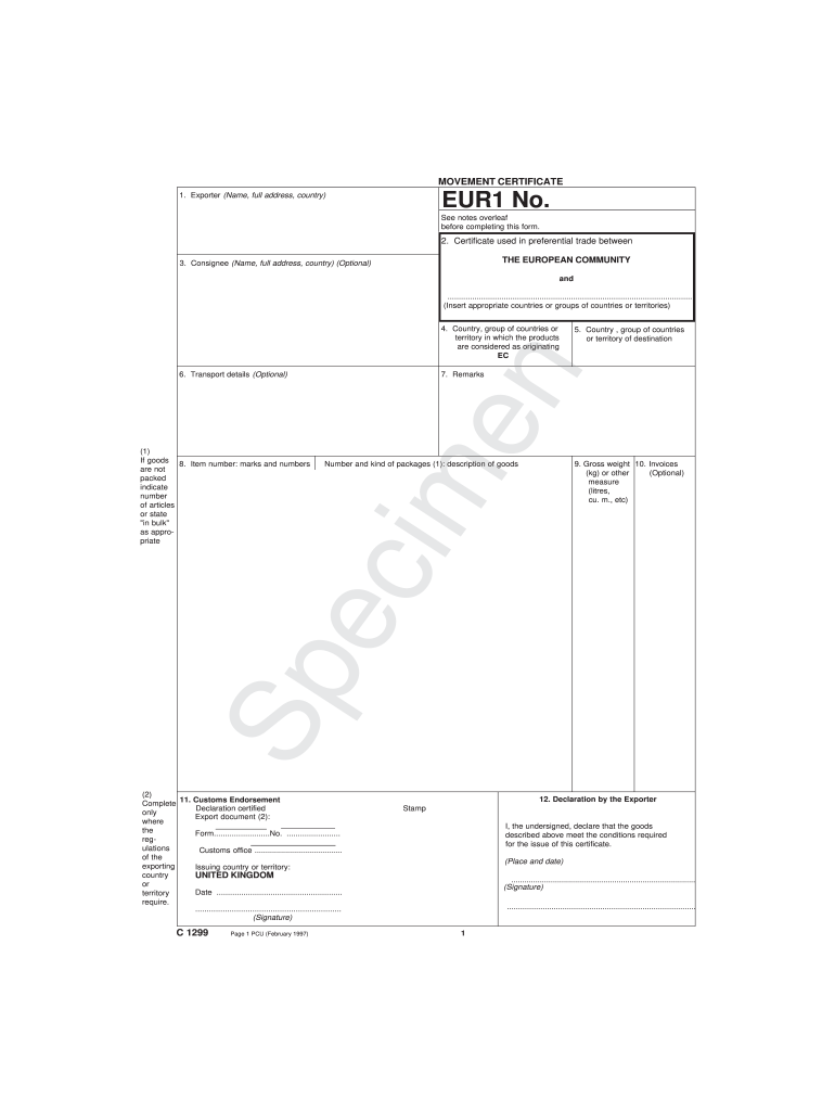 Eur1 Certificate Template  Form