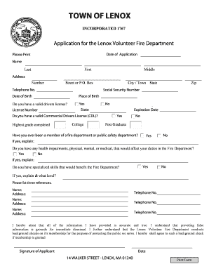 Volunteer Fire Department Application Template  Form