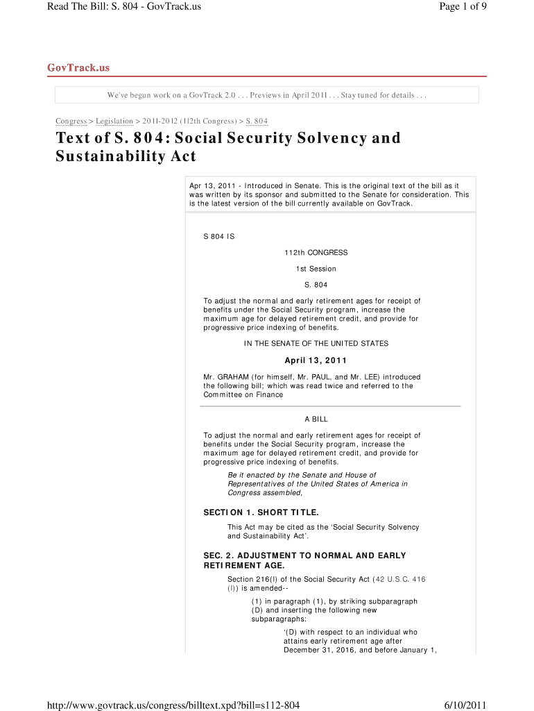 Text of S 804 Social Security Solvency and Sustainability Act Agriculturedefensecoalition  Form