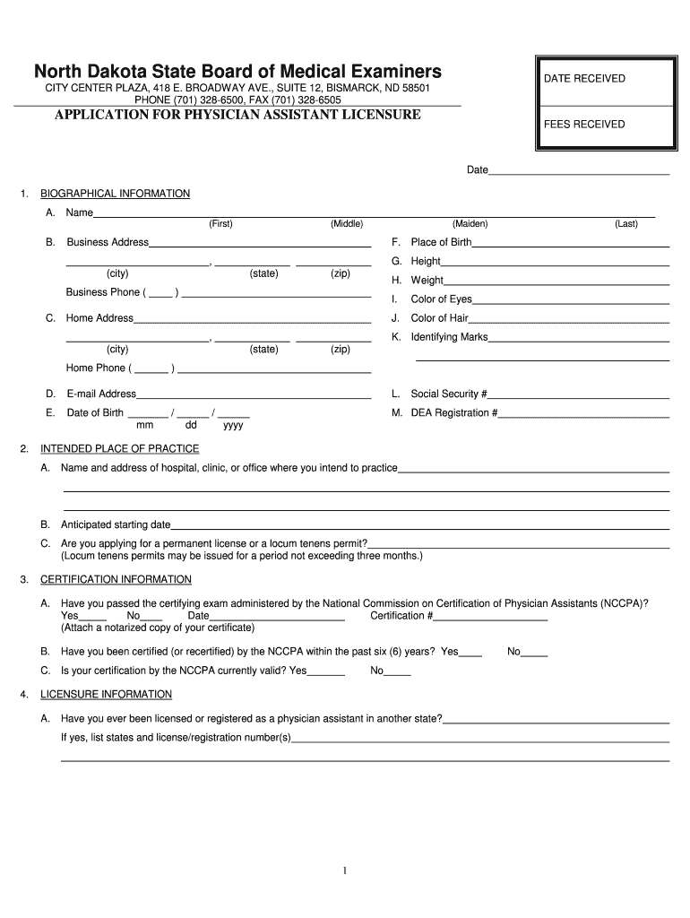 North Dakota State Board of Medical Examiners Fillable Application Form