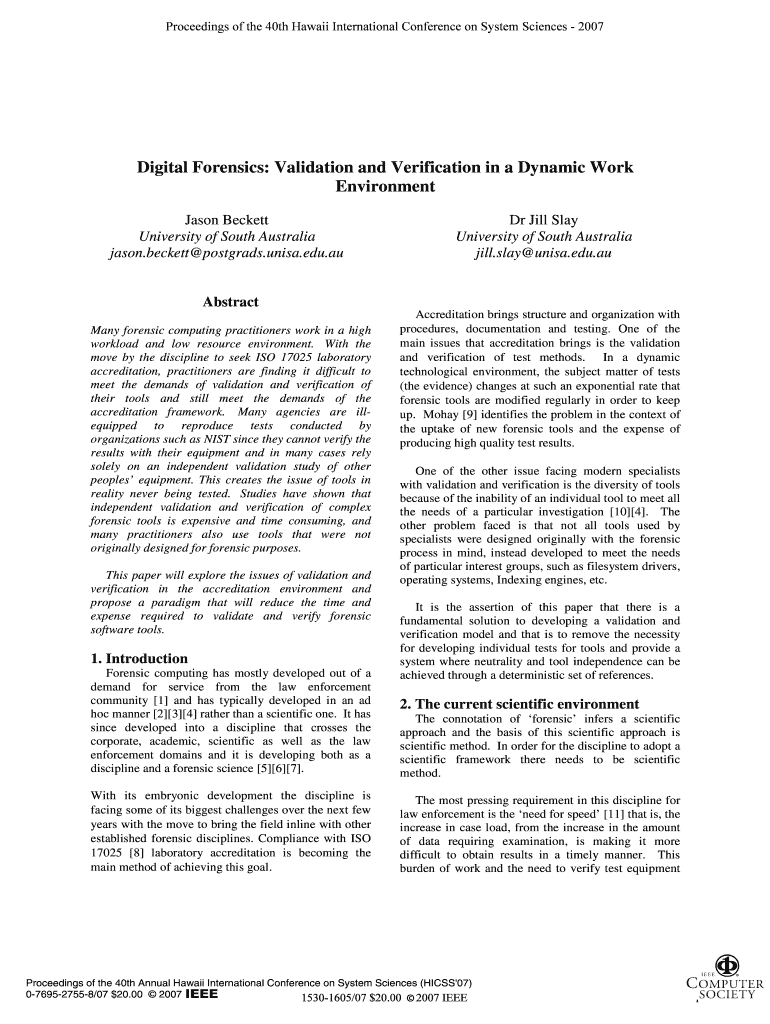 Digital Forensics Validation and Verification in a Dynamic Work Environment Form