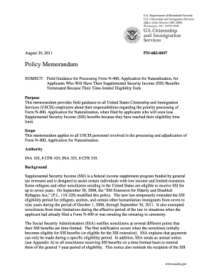 SUBJECT Field Guidance for Processing Form N 400, Application for Naturalization, for Applicants Who Will Have Their Supplementa