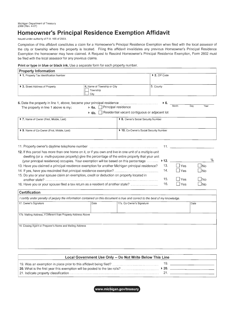 Homeowner&#039;s Principal Residence Exemption Affidavit Dorrtownship  Form