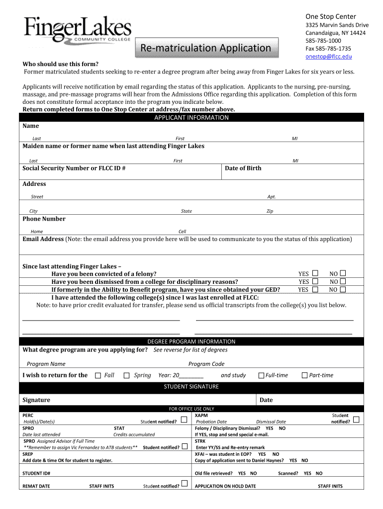 Re Matriculation Application  Flcc  Form