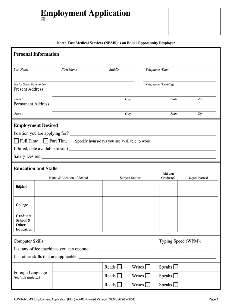 Employment Application 1520 Stockton Street, San Francisco, CA 94133 82 Leland Avenue, San Francisco, CA 94134 1450 Noriega Stre  Form