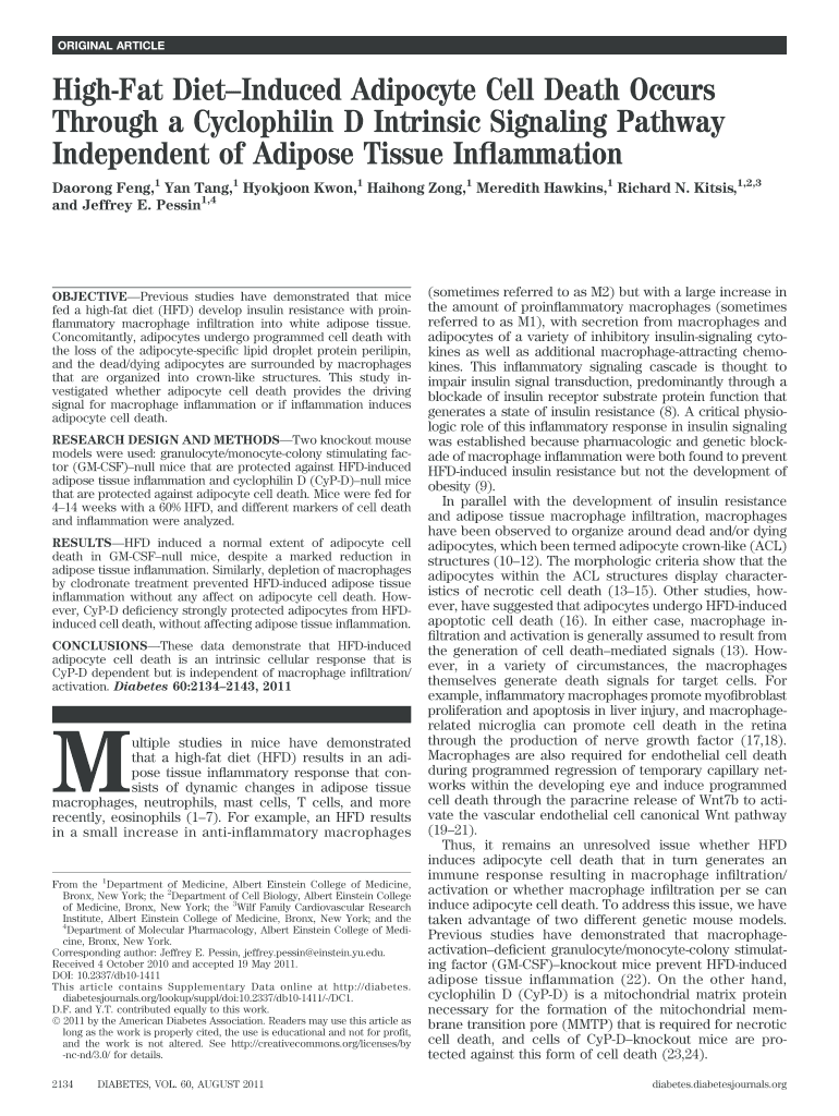 High Fat Diet Induced Adipocyte Cell Death Occurs    Diabetes  Diabetes Diabetesjournals  Form