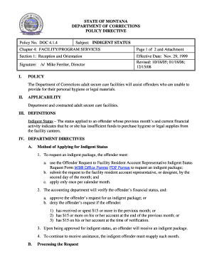 4 Subject INDIGENT STATUS Page 1 of 2 and Attachment Effective Date Nov Cor Mt  Form