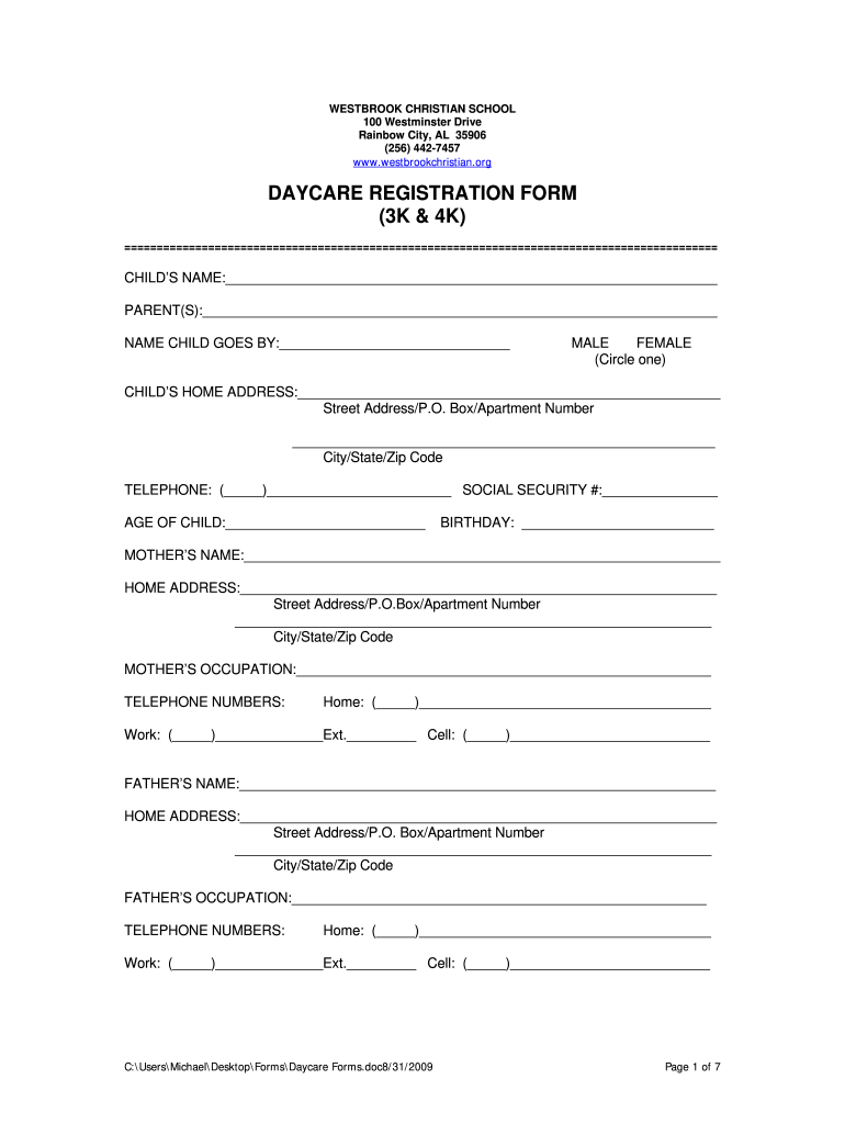 Get and Sign Printable Daycare Forms 2009-2022