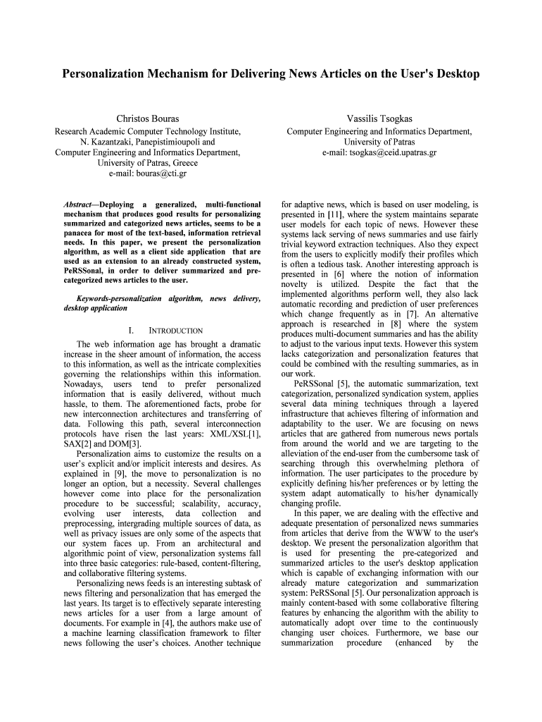 Personalization Mechanism for Delivering News Articles on the    Ru6 Cti  Form