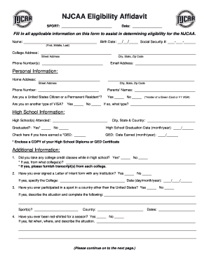 Njcaa Eligibility Affidavit  Form