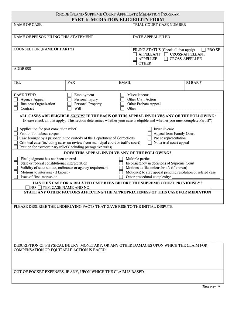 Rhode Island Supreme Court Mediation Eligibility Form