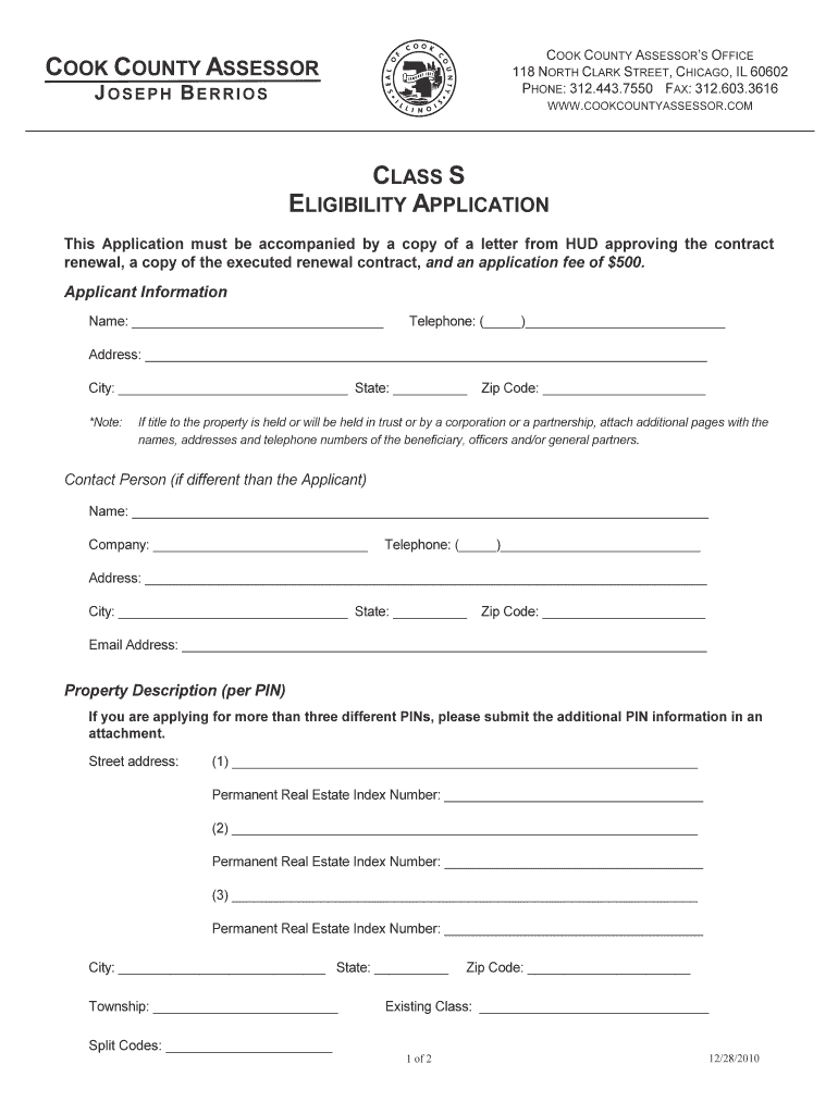 COOK COUNTY ASSESSOR JOSEPH BERRIOS COOK COUNTY ASSESSOR&#039;S OFFICE 118 NORTH CLARK STREET, CHICAGO, IL 60602 PHONE 312  Form