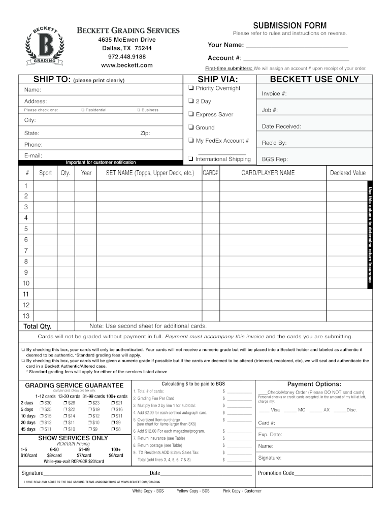 Beckett Grading Services  Form