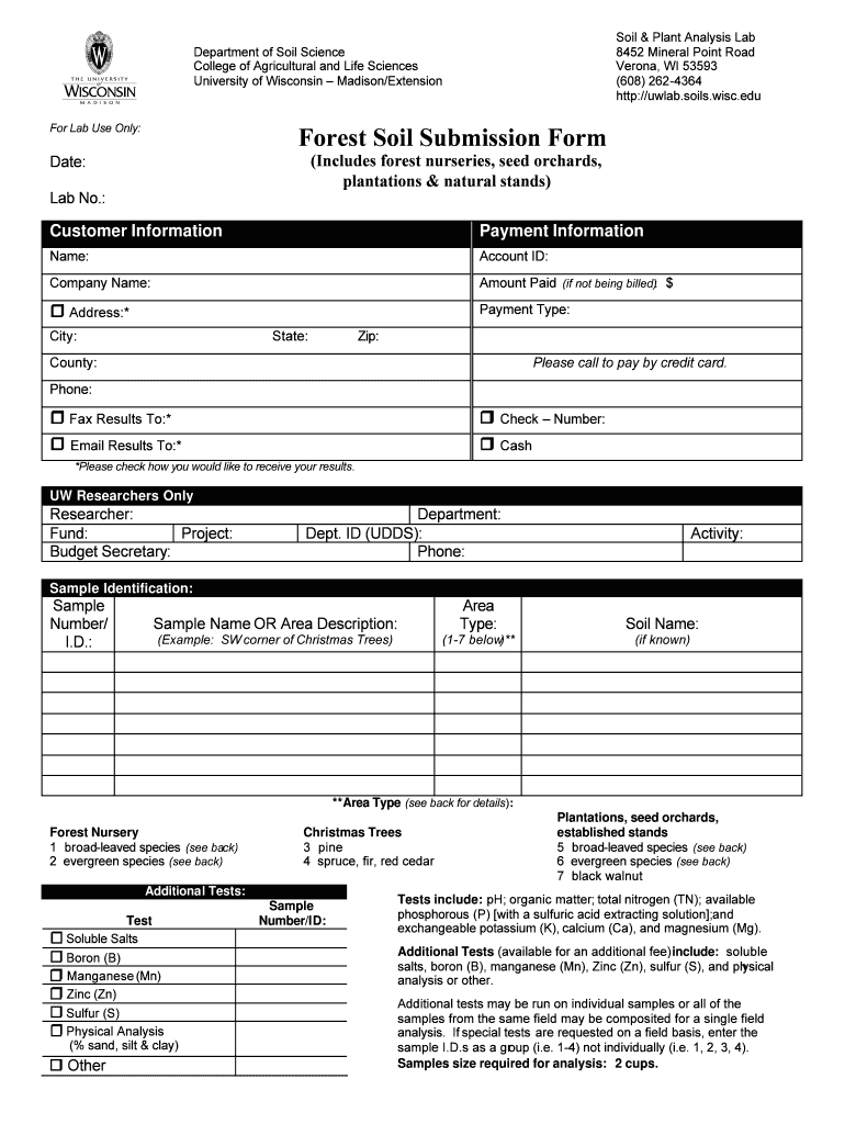 Forest Soil Submission Form Uwlab Soils Wisc