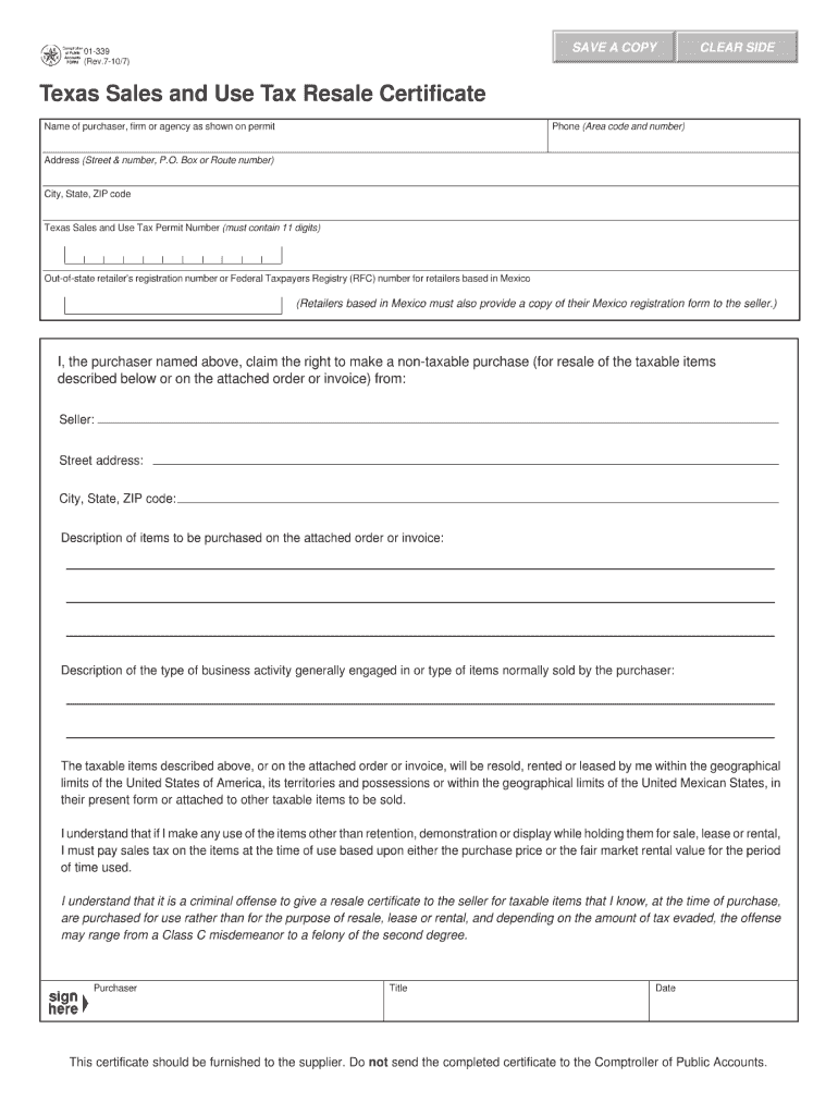 Get and Sign Blank Resale Certificate Form 2010