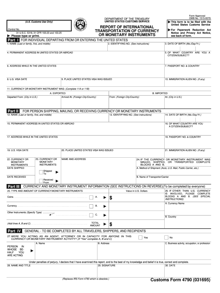  Customs Form 4790 1995