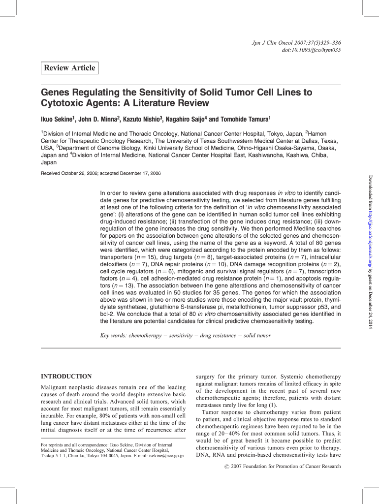 Genes Regulating the Sensitivity of Solid Tumor Cell Lines to Cytotoxic Jjco Oxfordjournals  Form