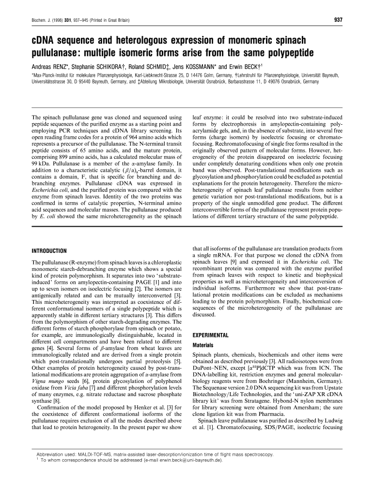 CDNA Sequence and Heterologous Expression of Monomeric Spinach Biochemj  Form