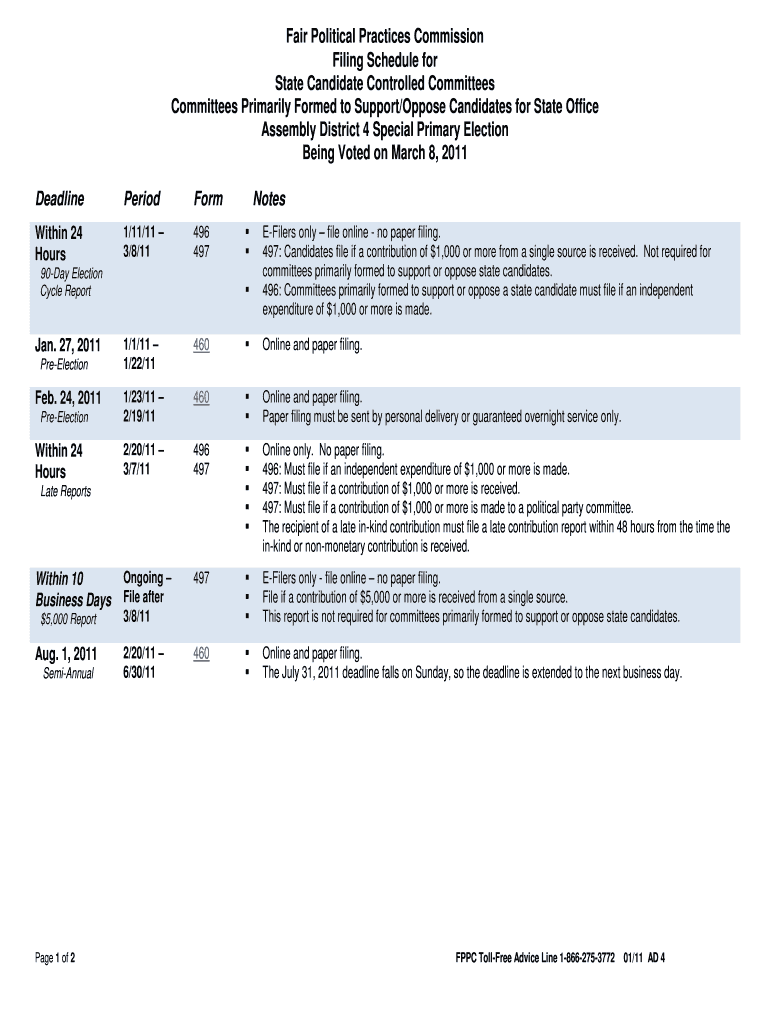 Fair Political Practices Commission Filing Schedule for State    Fppc Ca  Form