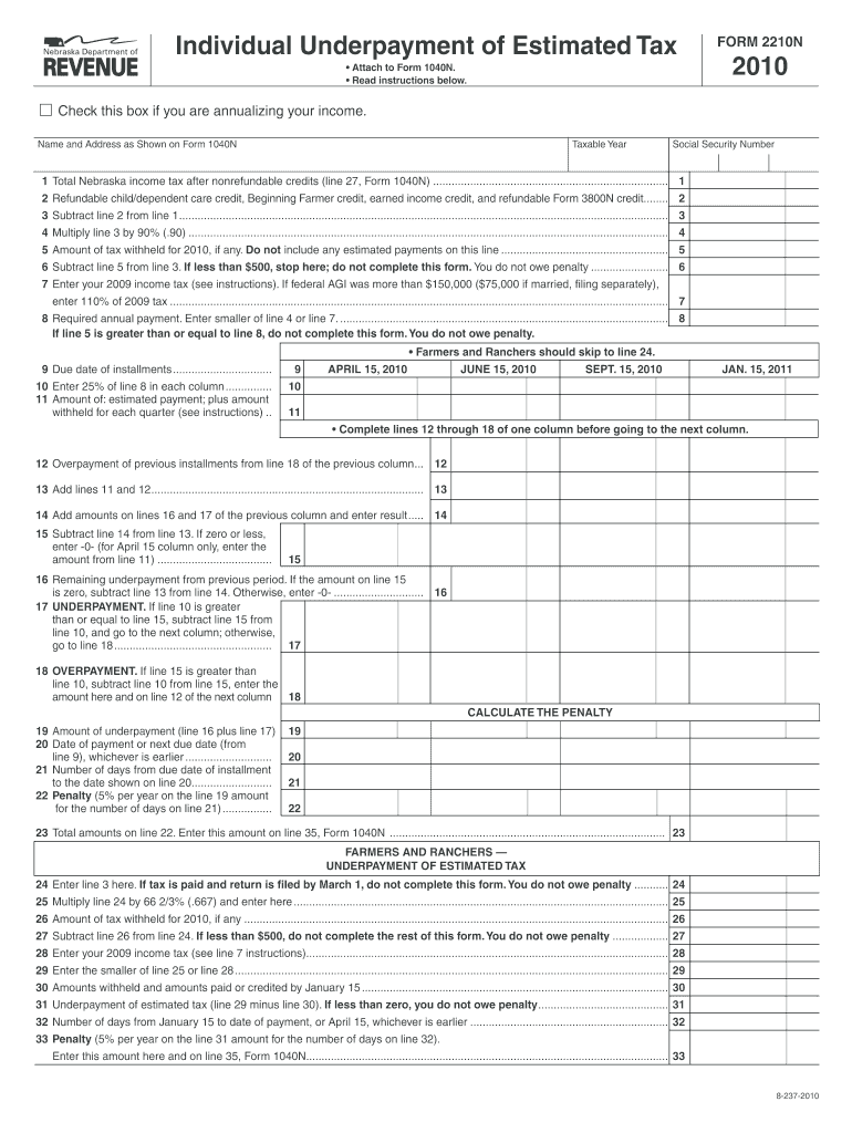Individual Underpayment of Estimated Tax Nebraska Revenue Ne  Form